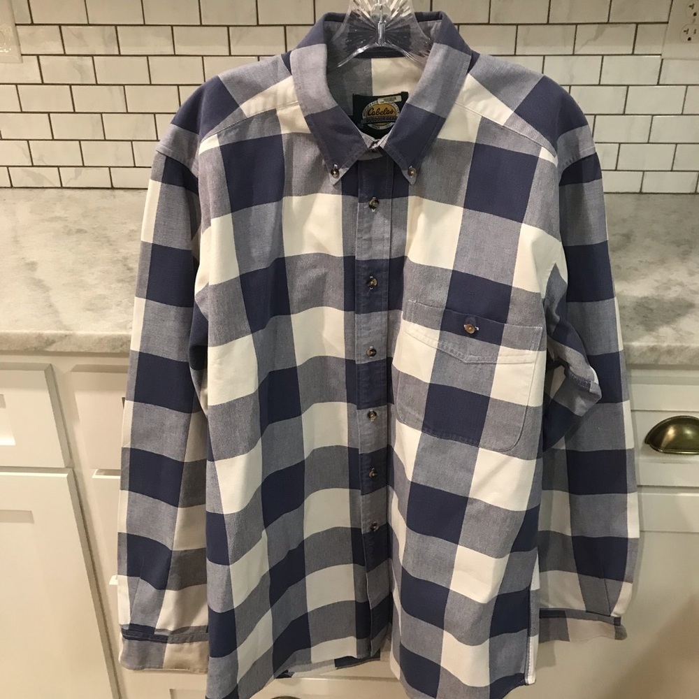Cabela's Shirt Mens Large Tall Blue White Plaid Button Down Long Sleeve Hunting
